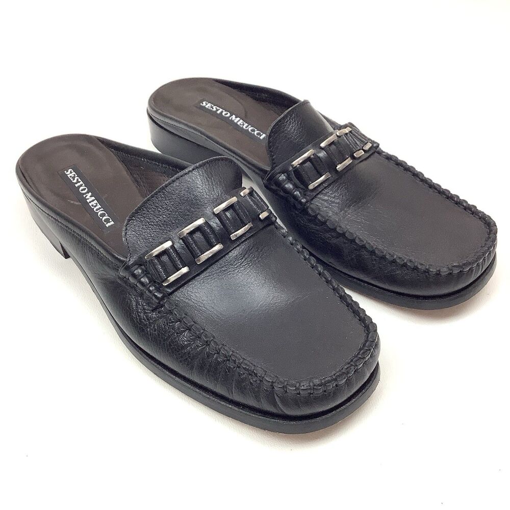 Sesto Meucci Black Leather Mules Comfort Slip-On Shoes Italy Women Size 5.5 M